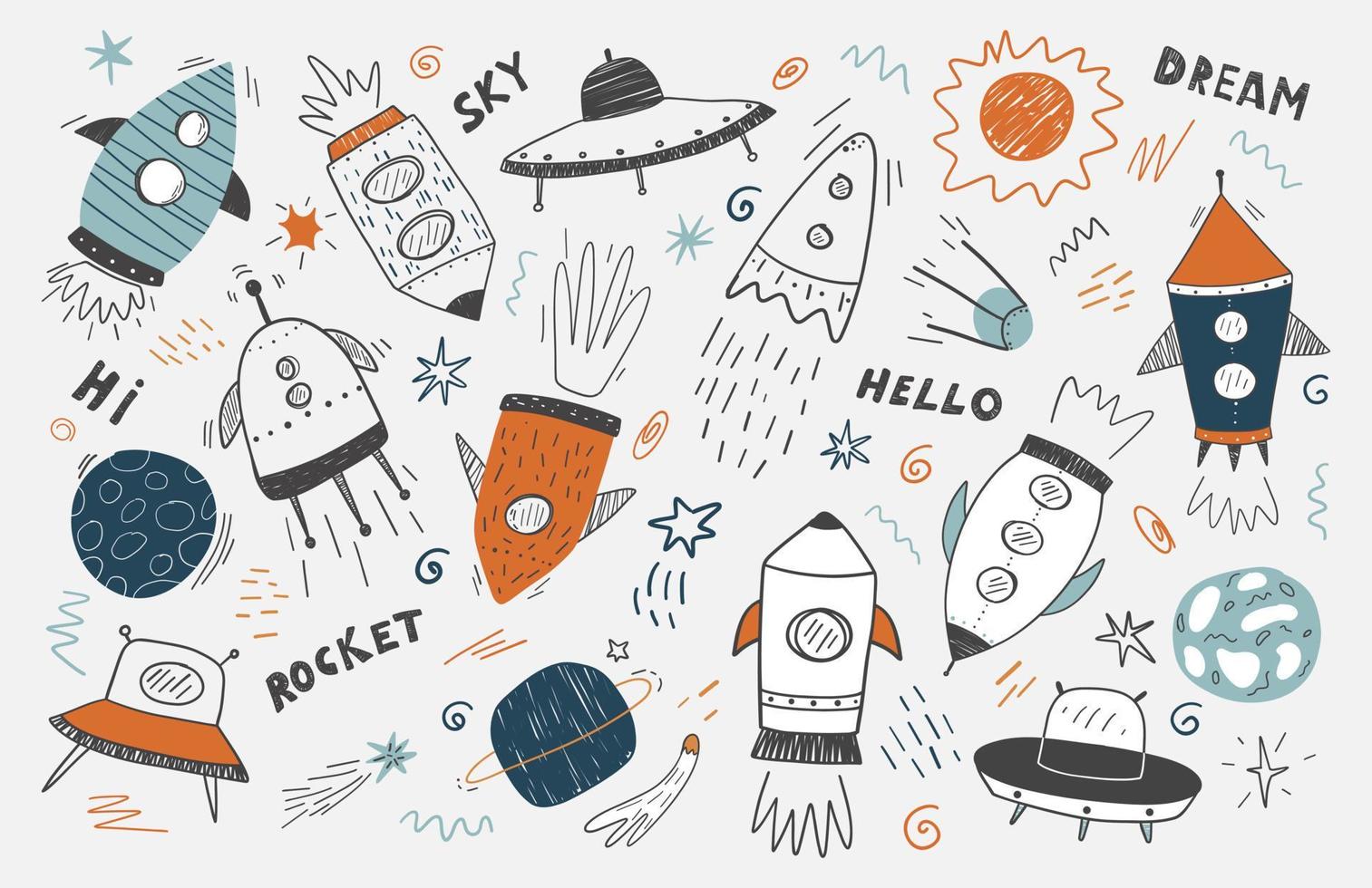 süßes doodle-raumset, rakete, planet, ufo und mehr. hand gezeichnete kinderart-vektorillustration. Weltraumabenteuer, Weltraumforscher, Technologie, Raumschiffkonzept. vektor