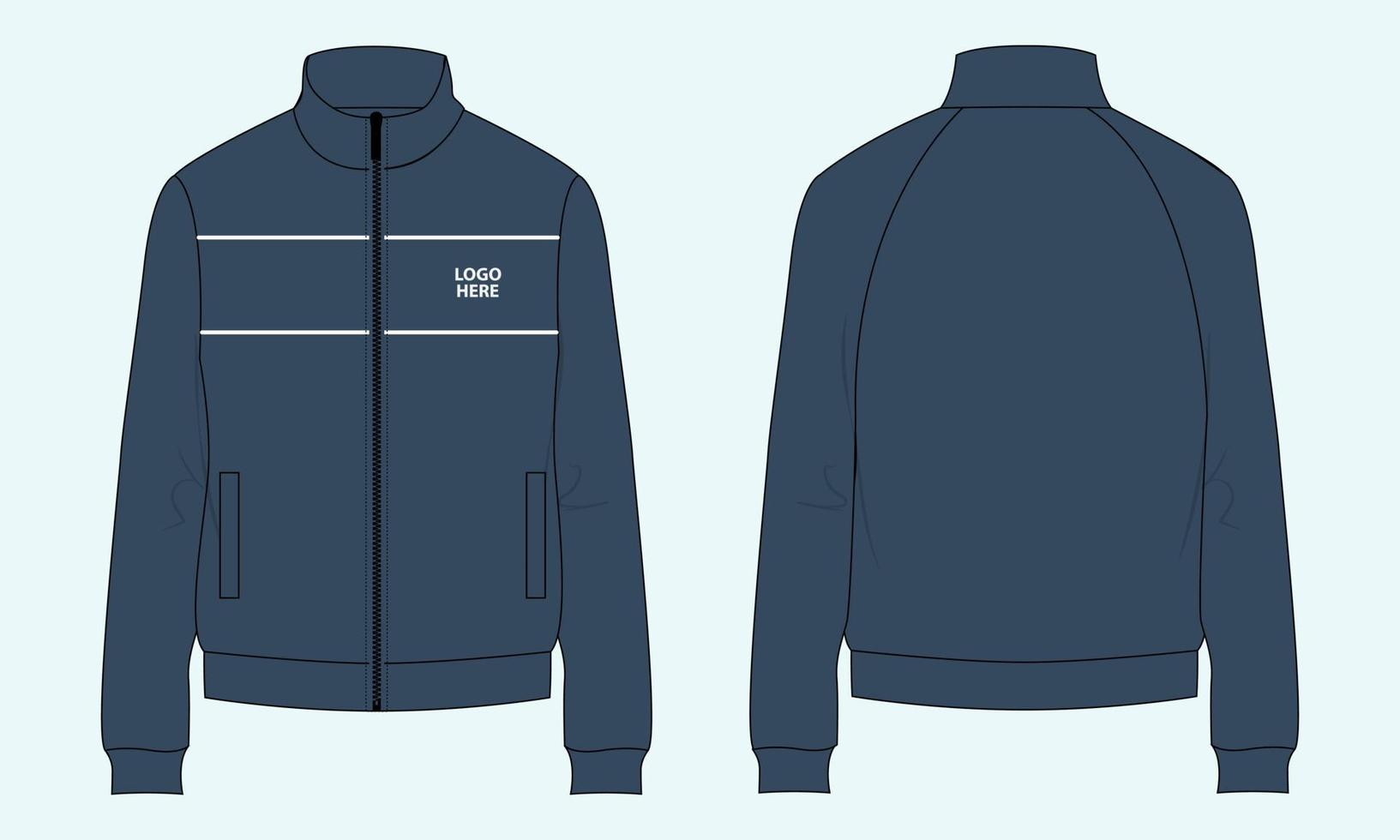 långärmad jacka sweatshirt teknisk mode platt skiss vektor marinblå färg mall