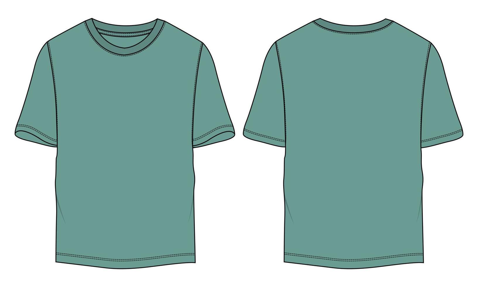Kurzarm-T-Shirt technische Mode flache Skizze Vektor-Illustration grüne Farbvorlage Vorder- und Rückansichten vektor