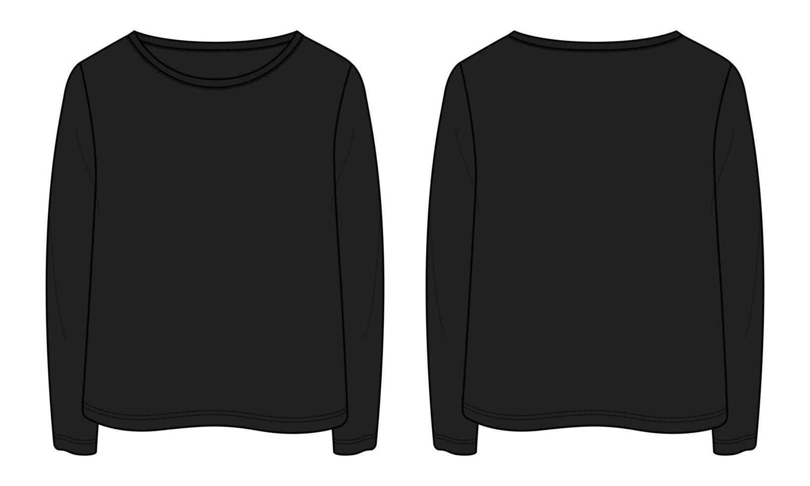 långärmad t-shirt toppar tekniskt mode platt skiss vektorillustration svart färgmall för damer och flickor vektor