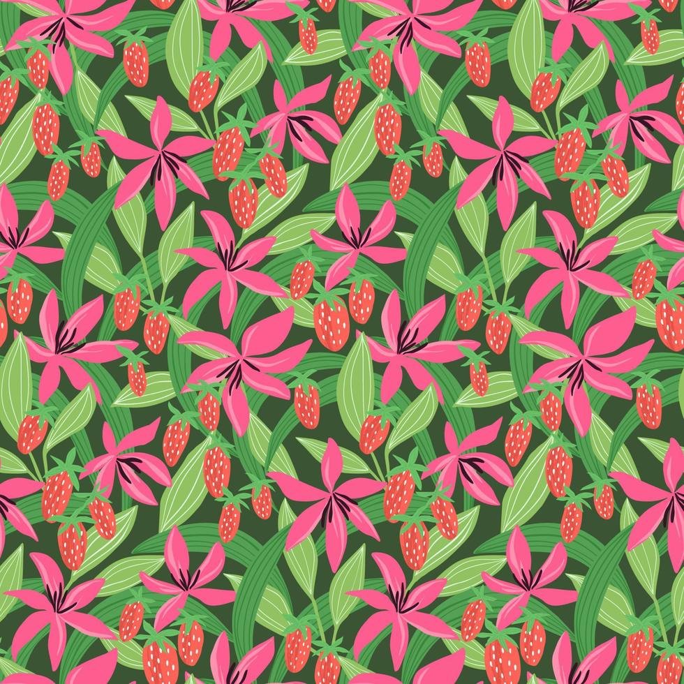 handritade sömlösa mönster med blommor, löv och jordgubbar. färgglad blommig illustration för papper och presentpapper. tygtryck sommardesign. kreativ elegant bakgrund. vektor