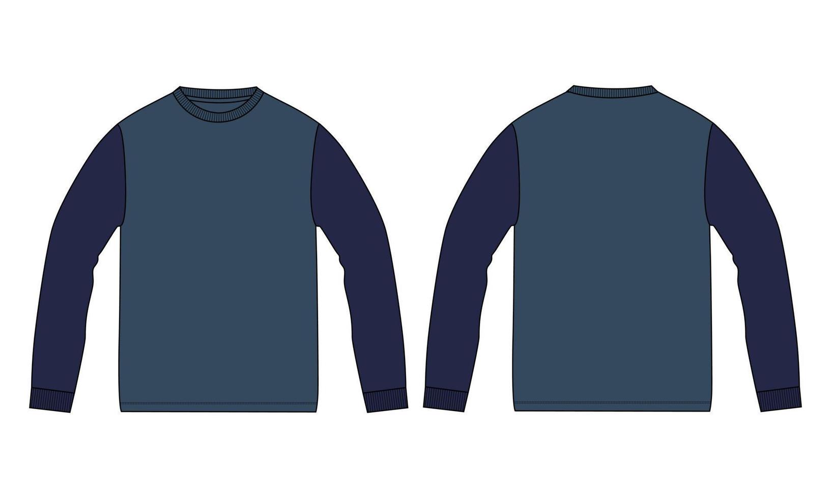 tvåfärgad långärmad t-shirt tekniskt mode platt skiss vektorillustration mock up mall för män och pojkar. vektor
