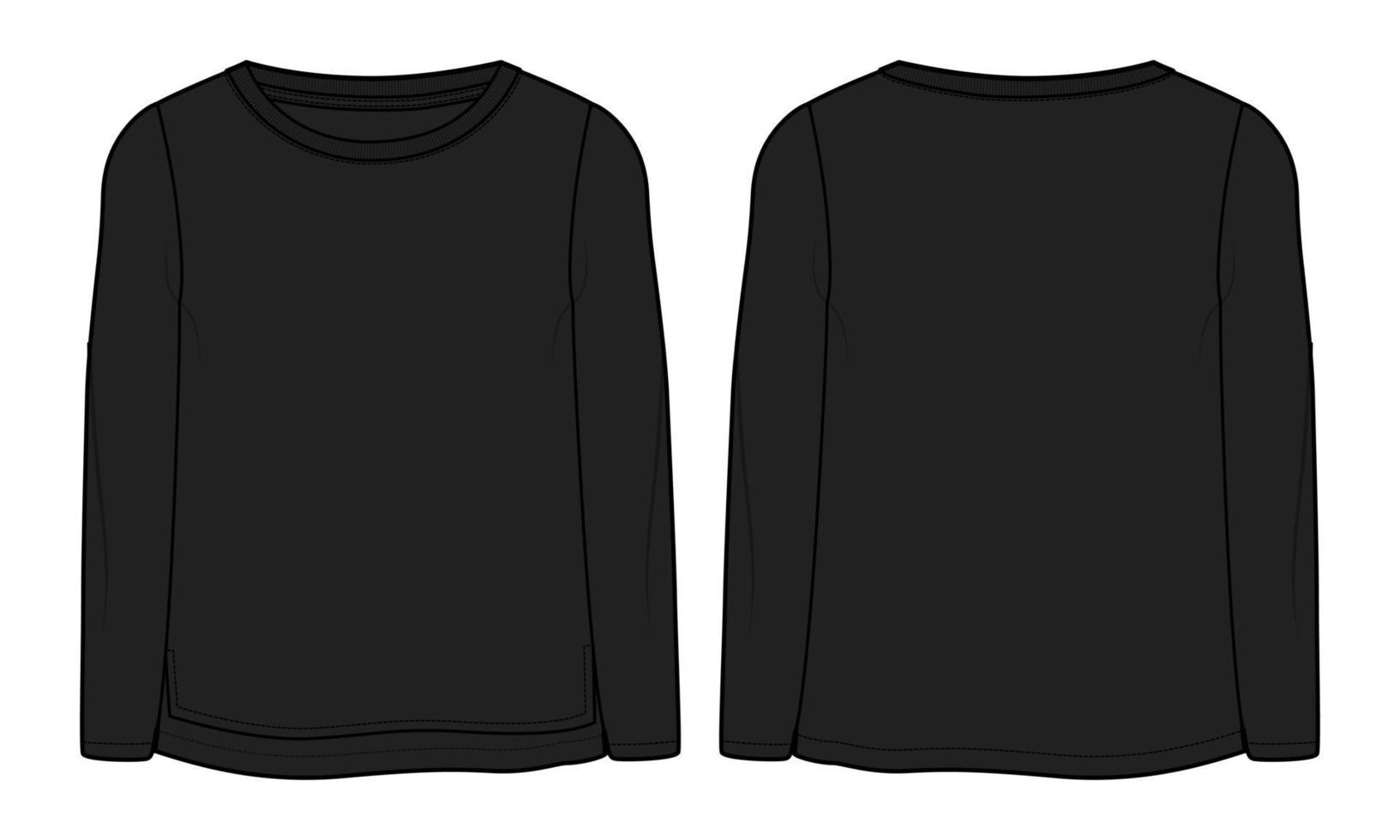 langärmliges t-shirt tops technische mode flache skizze vektor schwarze farbvorlage für damen