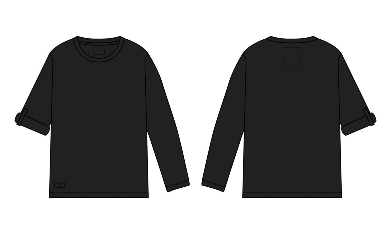långärmad t-shirt tekniskt mode platt skiss vektor illustration svart färg mall