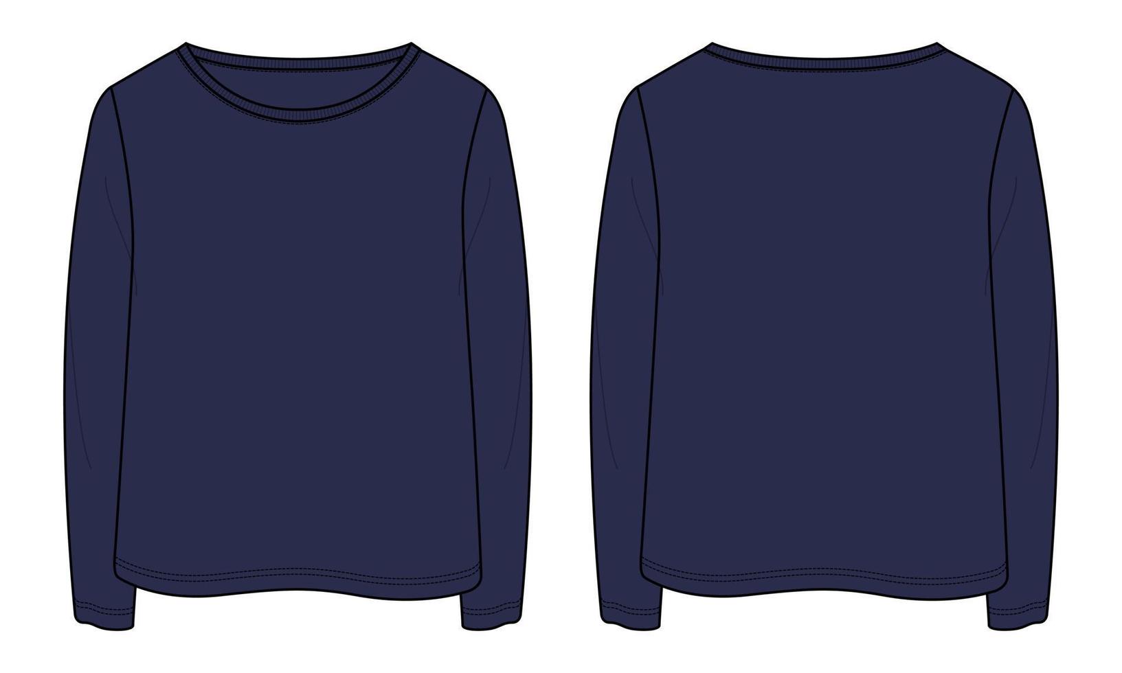 långärmad t-shirt toppar tekniskt mode platt skiss vektor marin färg mall för damer