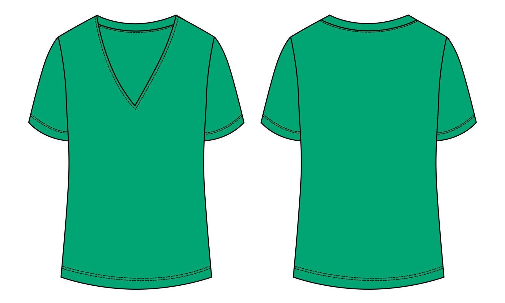 V-hals t-shirt tekniskt mode platt skiss vektorillustration grön mall för damer vektor