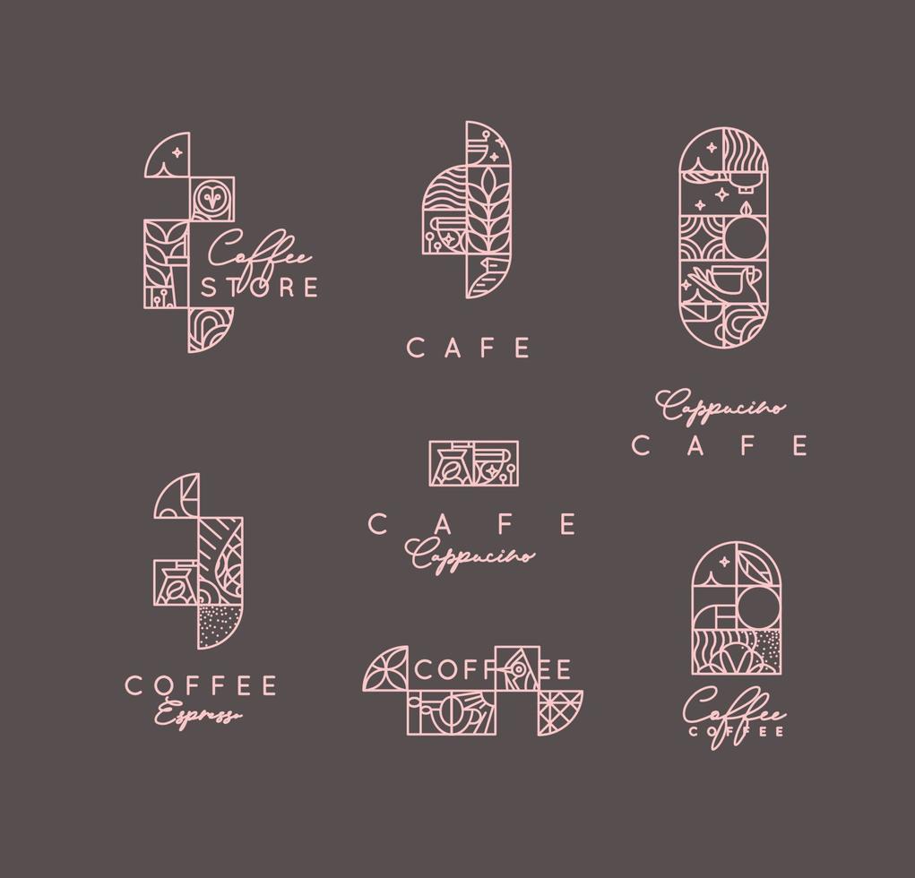 satz kreativer moderner art-déco-kaffeeetiketten in flacher linienstilzeichnung auf braunem hintergrund. vektor