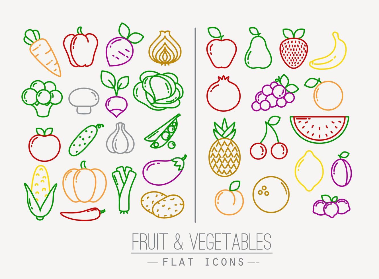 uppsättning platta frukter och grönsaker ikoner ritning med färglinjer på vit bakgrund vektor