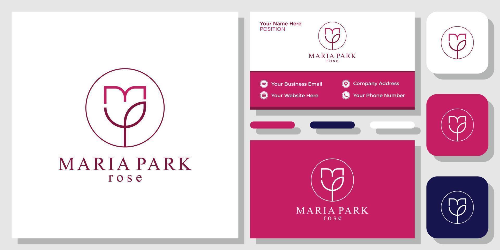 Maria Park Rose Symbol Grafik Blume weibliche Initialen Tulpenform mit Visitenkartenvorlage vektor