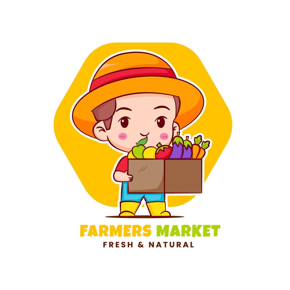 söt bonde håller korg med grönsaker. Chibi seriefigur. vektor logotyp konst illustration. bondens marknad