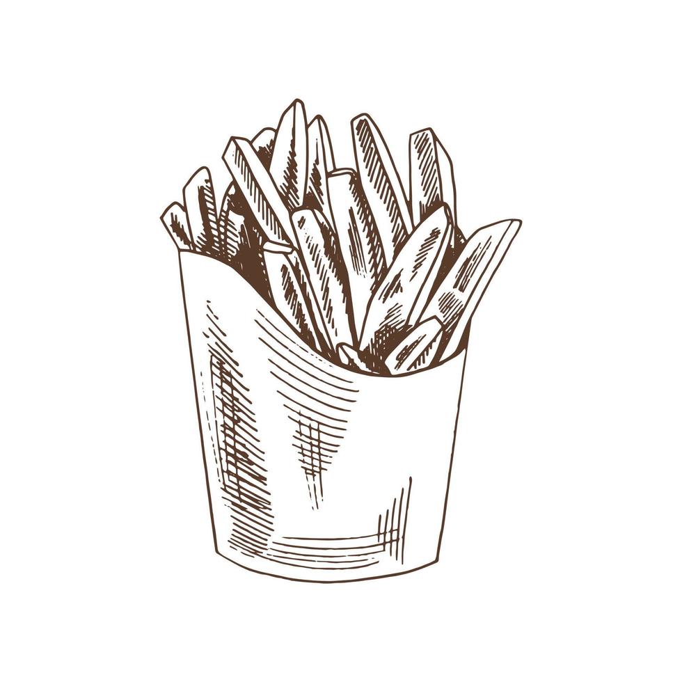 Vektorskizze von Pommes Frites auf der Schachtel. Öko-Lebensmittel-Vintage-Vektor-Illustration. Stärkeskizzenillustration für Druck, Netz, Mobile und infographics lokalisiert auf weißem Hintergrund. vektor