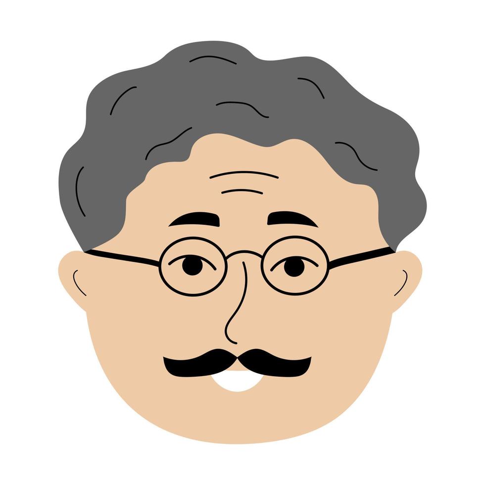 älterer Mann Gesicht mit Brille im Doodle-Stil. bunter Avatar eines grauhaarigen Mannes. vektor