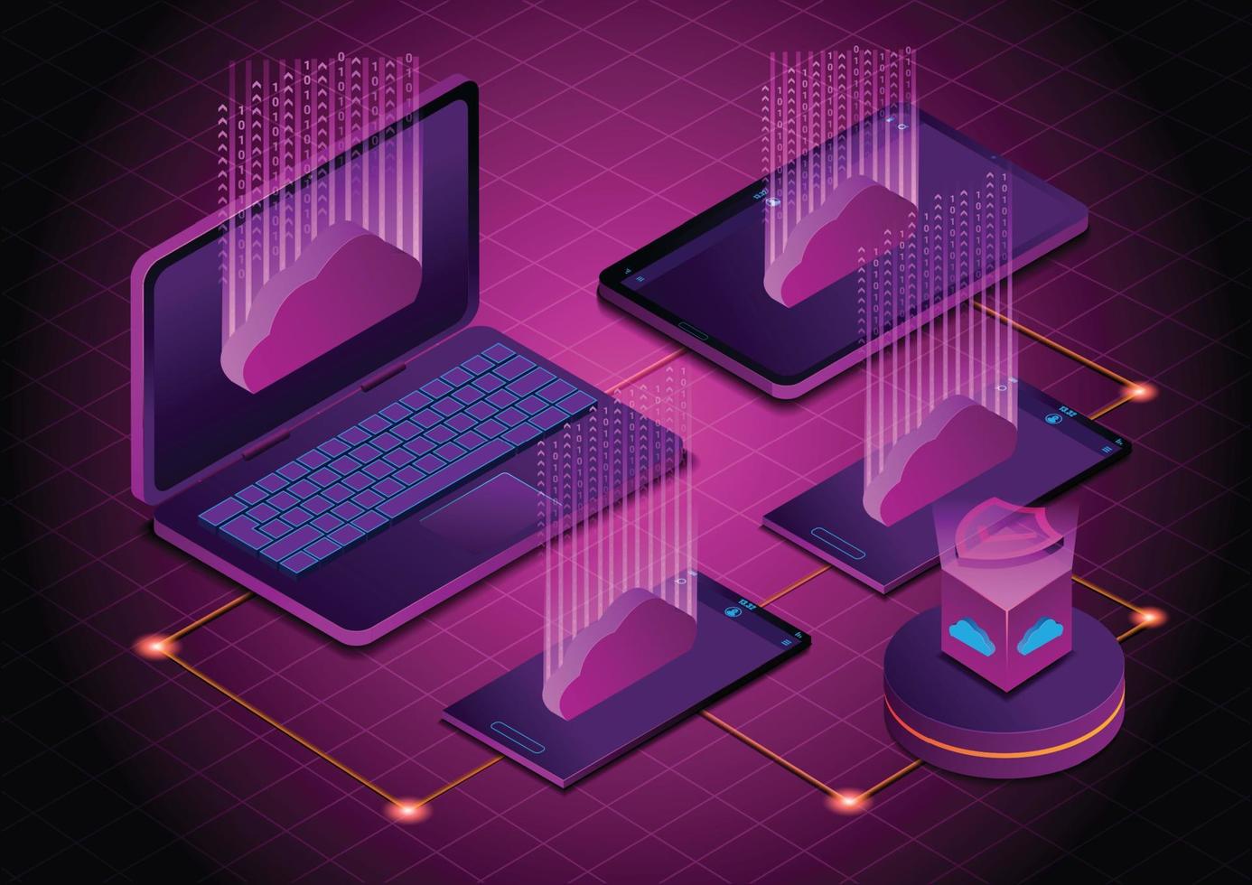 isometrisk 3d-illustration molnteknik work.it laddar upp data till cloud computing vektor