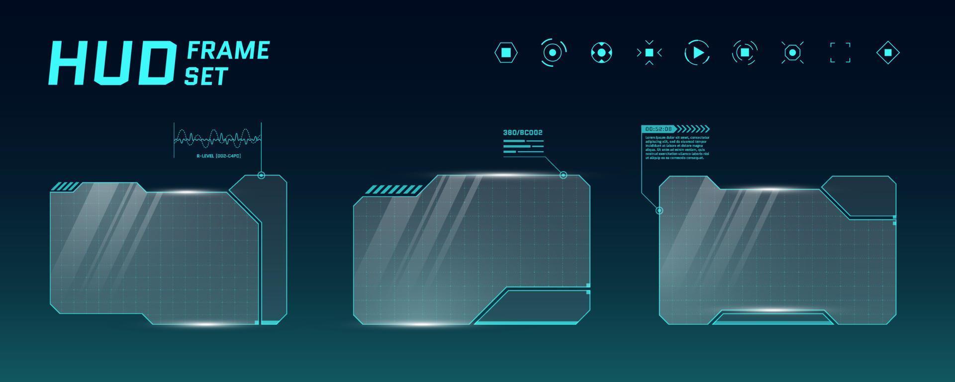 hud digitalt futuristiskt användargränssnitt horisontell ram set. högteknologiska sci-fi-skärmar. spelmenyn vidrör övervakningspanelerna på instrumentbrädan. cyber space head-up display teknik information tecken koncept vektor