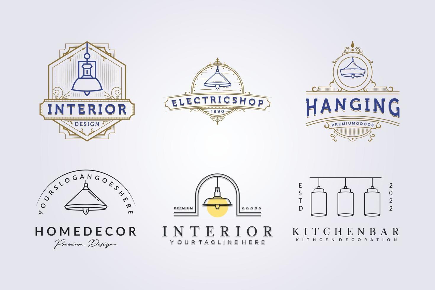 Set aus minimaler und Vintage-Hängelampe für Innenarchitekten, Möbel-Logo-Symbol-Etikett-Vektor-Illustration-Design vektor