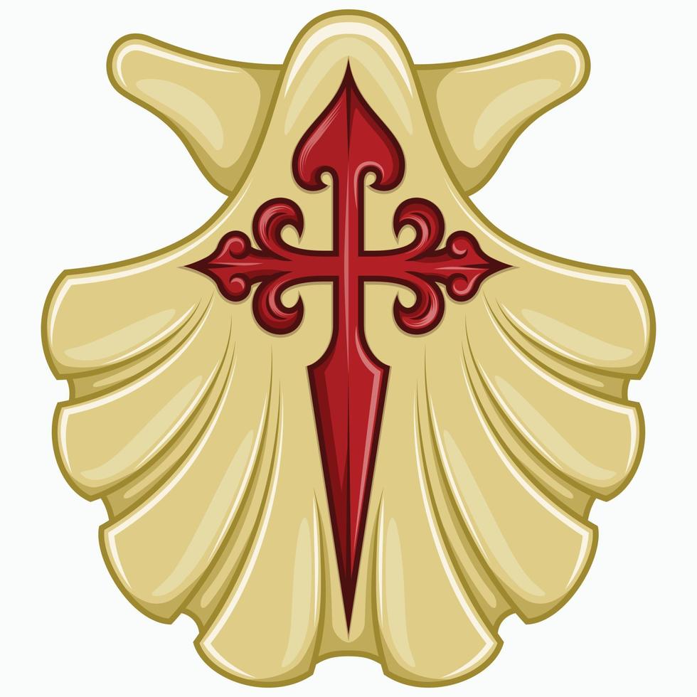 marian shell vektordesign mit dem kreuz des apostels santiago, symbol des camino de santiago de compostela, kreuz des santiagoordens vektor