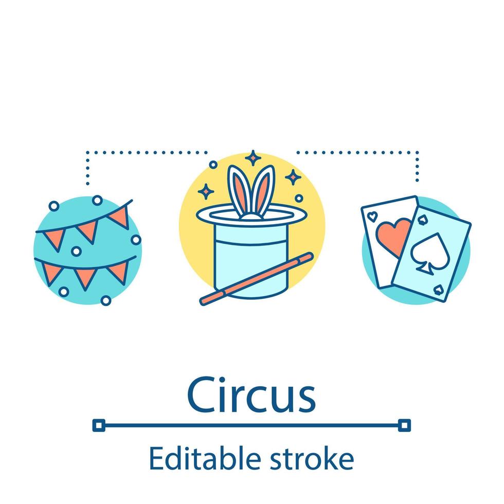 cirkus koncept ikon. trick, förhärskande prestanda. djurutställningsrepertoir. clown, harlekin underhållningsmöte. händelse idé tunn linje illustration. vektor isolerade konturritning