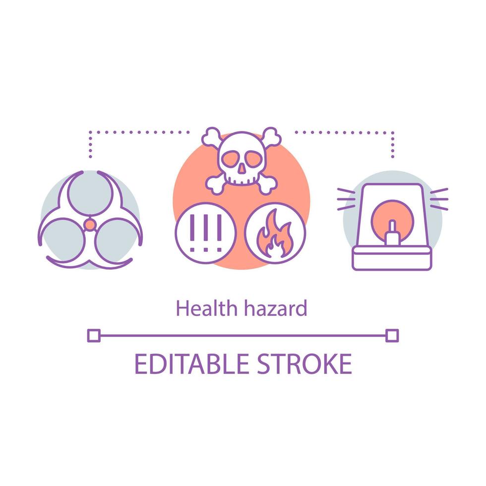 Symbol für das Konzept der Gesundheitsgefährdung. sicherheitsrisiken idee dünne linie illustration. Gefahren. Gifte und Toxine. Vorsicht, Warnzeichen. Vektor isoliert Umrisszeichnung. essbarer Schlaganfall