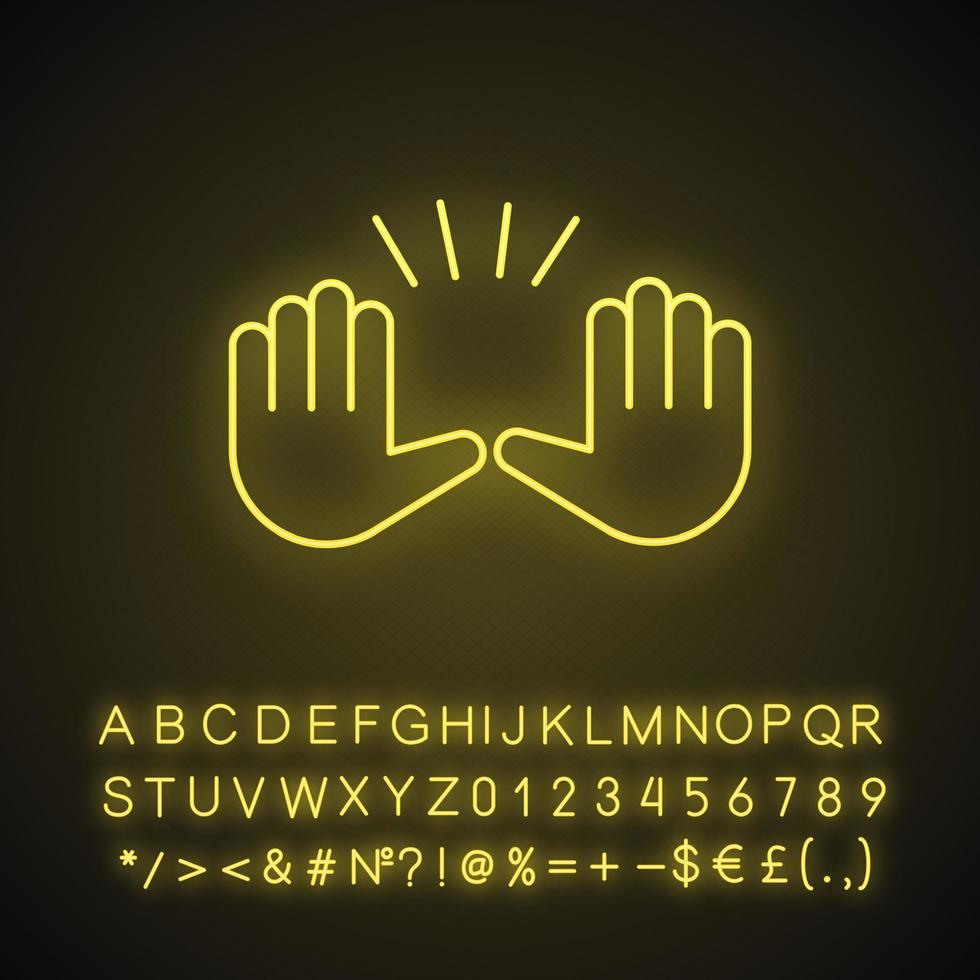 Heben der Hände Geste Neonlicht-Symbol. stoppen, gestikulierend aufgeben. winkendes Emoji mit zwei Palmen. leuchtendes zeichen mit alphabet, zahlen und symbolen. vektor isolierte illustration