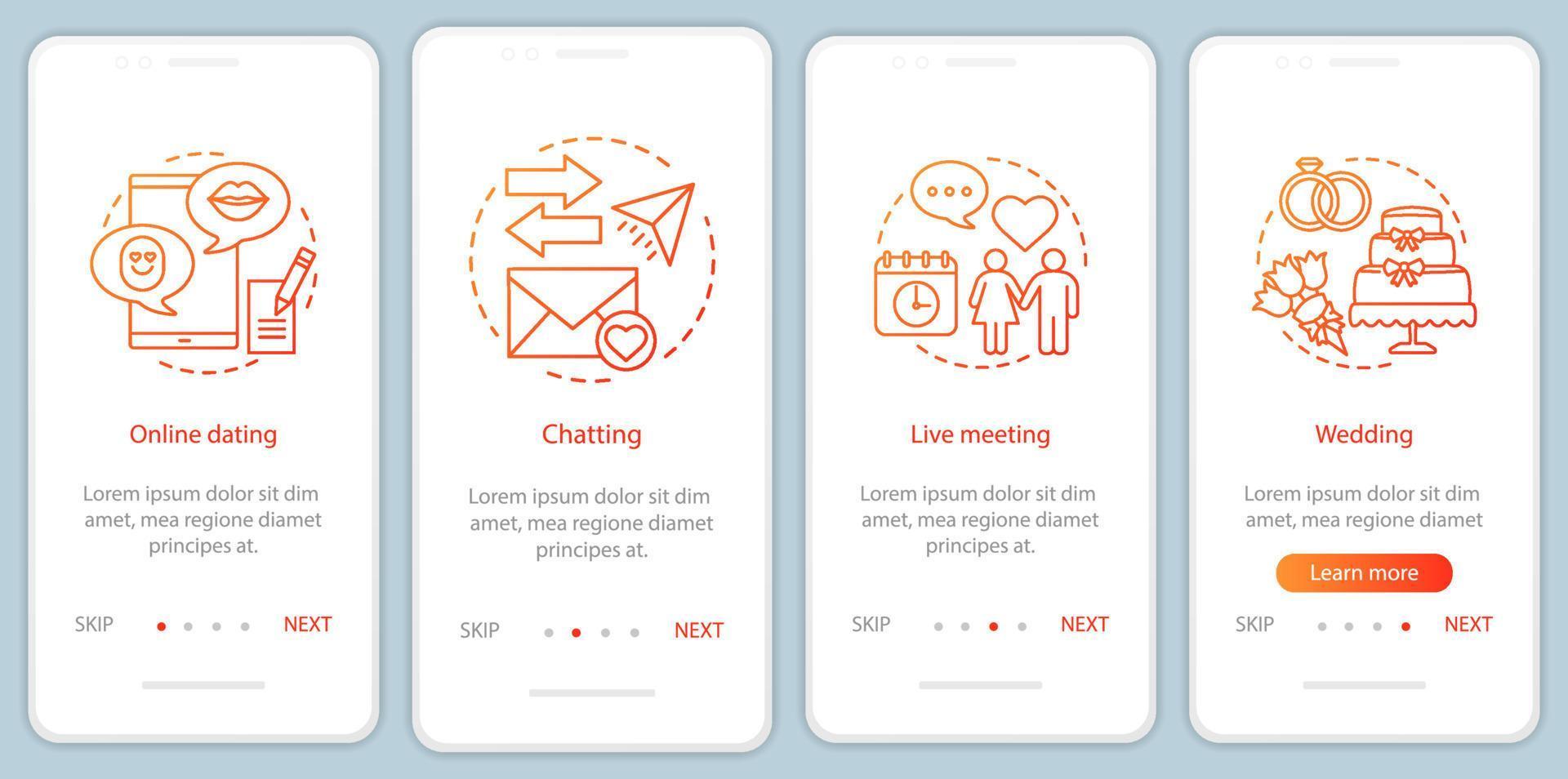 online-dating-onboarding-mobile-app-bildschirm-vektorvorlage. Chatten, Live-Meeting, Hochzeitswebsite-Anweisungen mit linearen Illustrationen. Matchmaking. ux, ui, gui smartphone-schnittstellenkonzept vektor