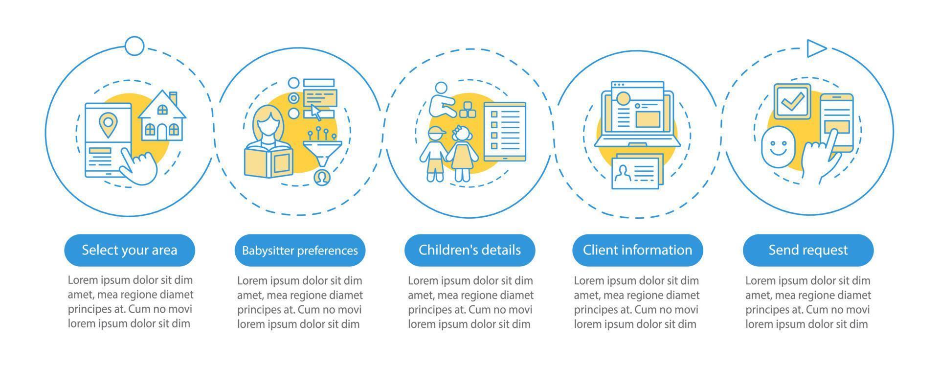 Babysitter-Anfragevektor-Infografik-Vorlage. babysitten. Gestaltungselemente für Geschäftspräsentationen. Datenvisualisierung mit Schritten und Optionen. Diagramm der Prozesszeitleiste. Workflow-Layout mit linearen Symbolen vektor