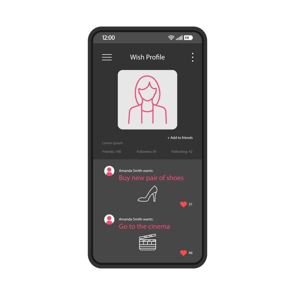 weibliche wunschprofil smartphone schnittstelle vektorvorlage. Pläne, Wünsche Beschreibungsbildschirm. mobile Wunschlisten-App-Seite schwarzes Design-Layout. flache Benutzeroberfläche für die Anwendung. Online-Einkaufsliste Telefonanzeige vektor