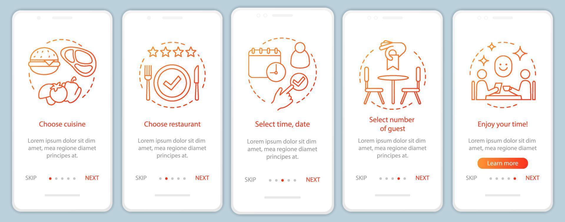 restaurang onboarding mobil app sida skärm vektor mall. event gästkafémiddag. coulsine matmeny. genomgång av webbplatssteg med linjära illustrationer. ux, ui, gui smartphone gränssnitt koncept