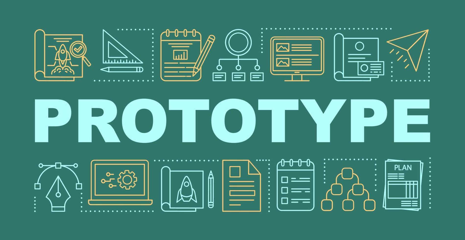 prototyp ordet koncept banner. pilotprojekt. startstart. preliminär produkt. presentation, hemsida. isolerade bokstäver typografi idé med linjära ikoner. vektor kontur illustration