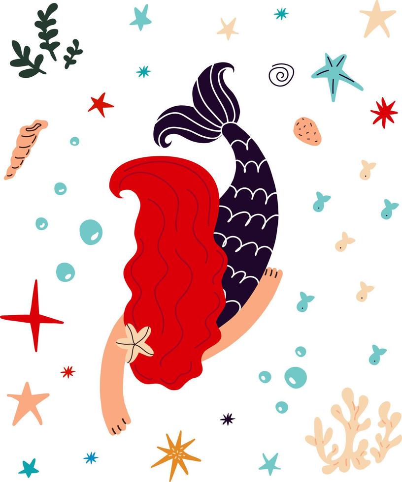 söt sjöjungfru med rödhår och marint liv. tecknad vektorillustration vektor