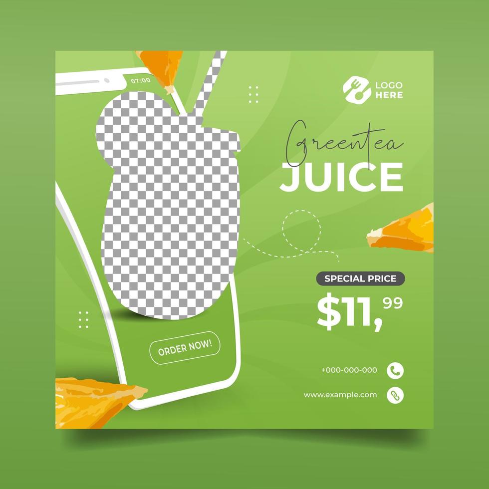 online marknadsföring grön juice flyer eller sociala medier banner med mobiltelefon vektor