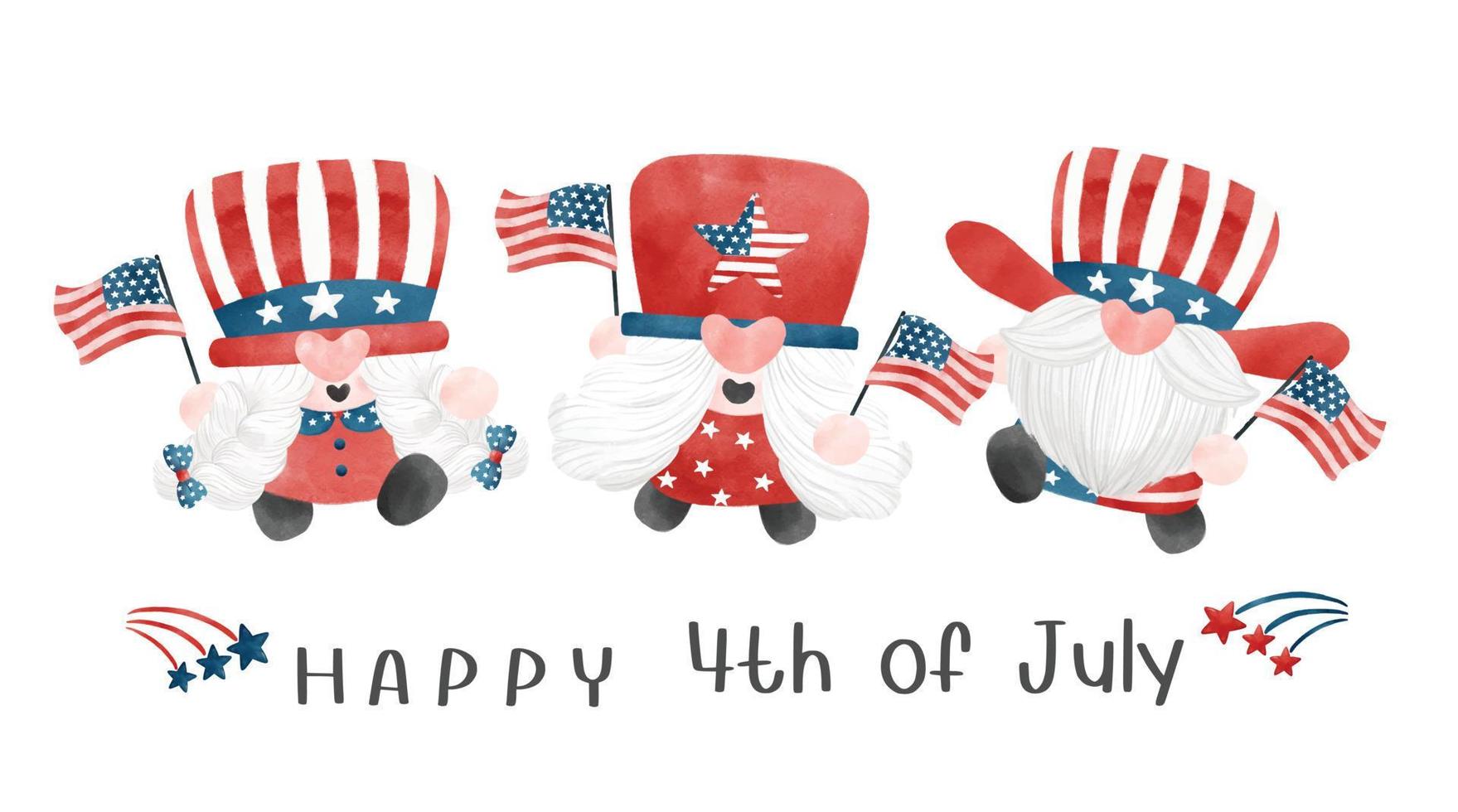 4 juli tomte patriotisk firar amerika självständighetsdag tecknad akvarell illustration vektor