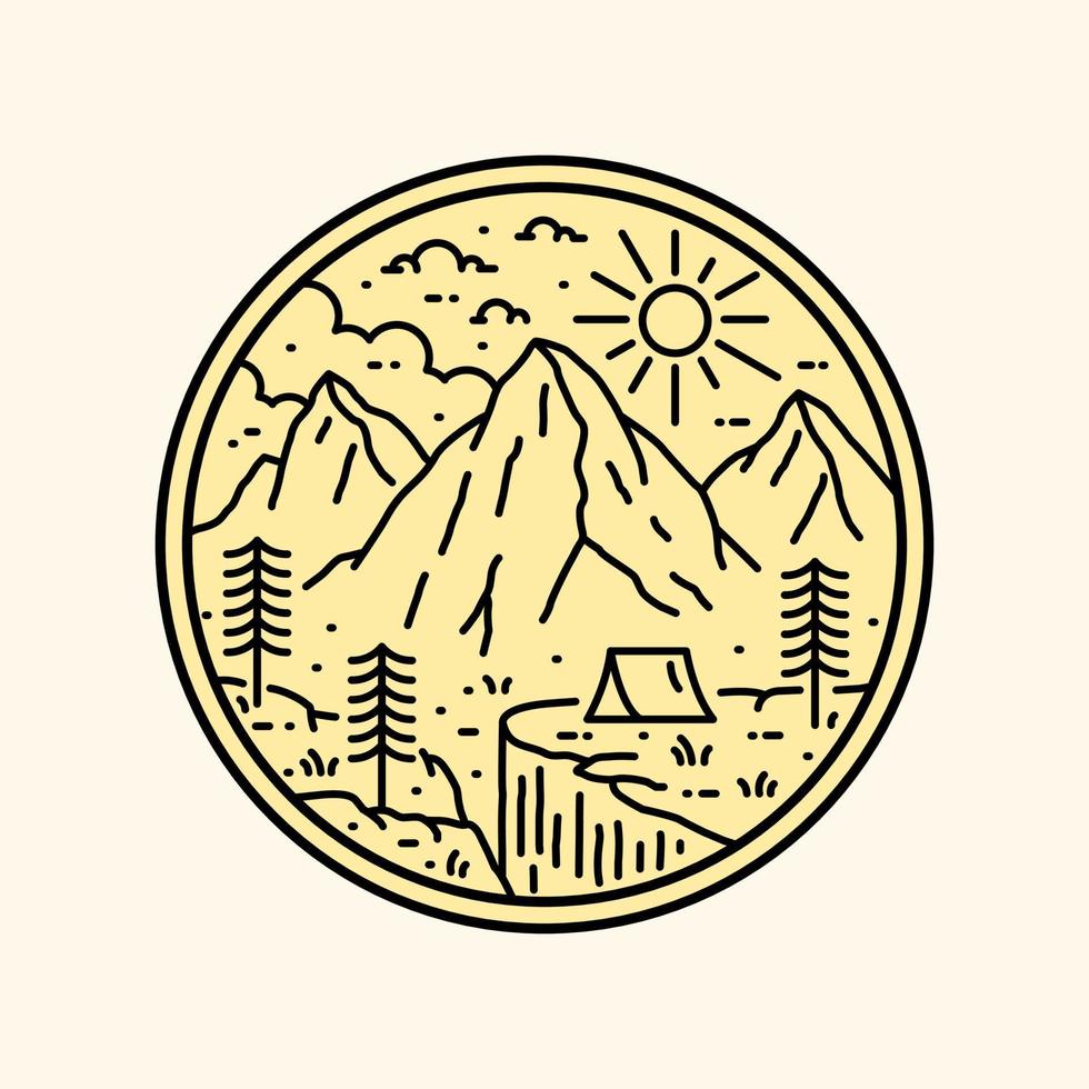 Design von Camping-Natur, Bergen, Klippen in Mono-Line-Art, Patch-Abzeichen-Design, Emblem-Design, T-Shirt-Design vektor