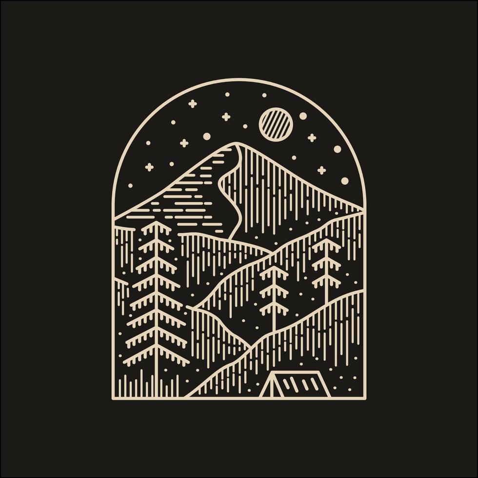 camping i bergen i mono line art, design för badge patch pin grafisk illustration vektor konst t-shirt design