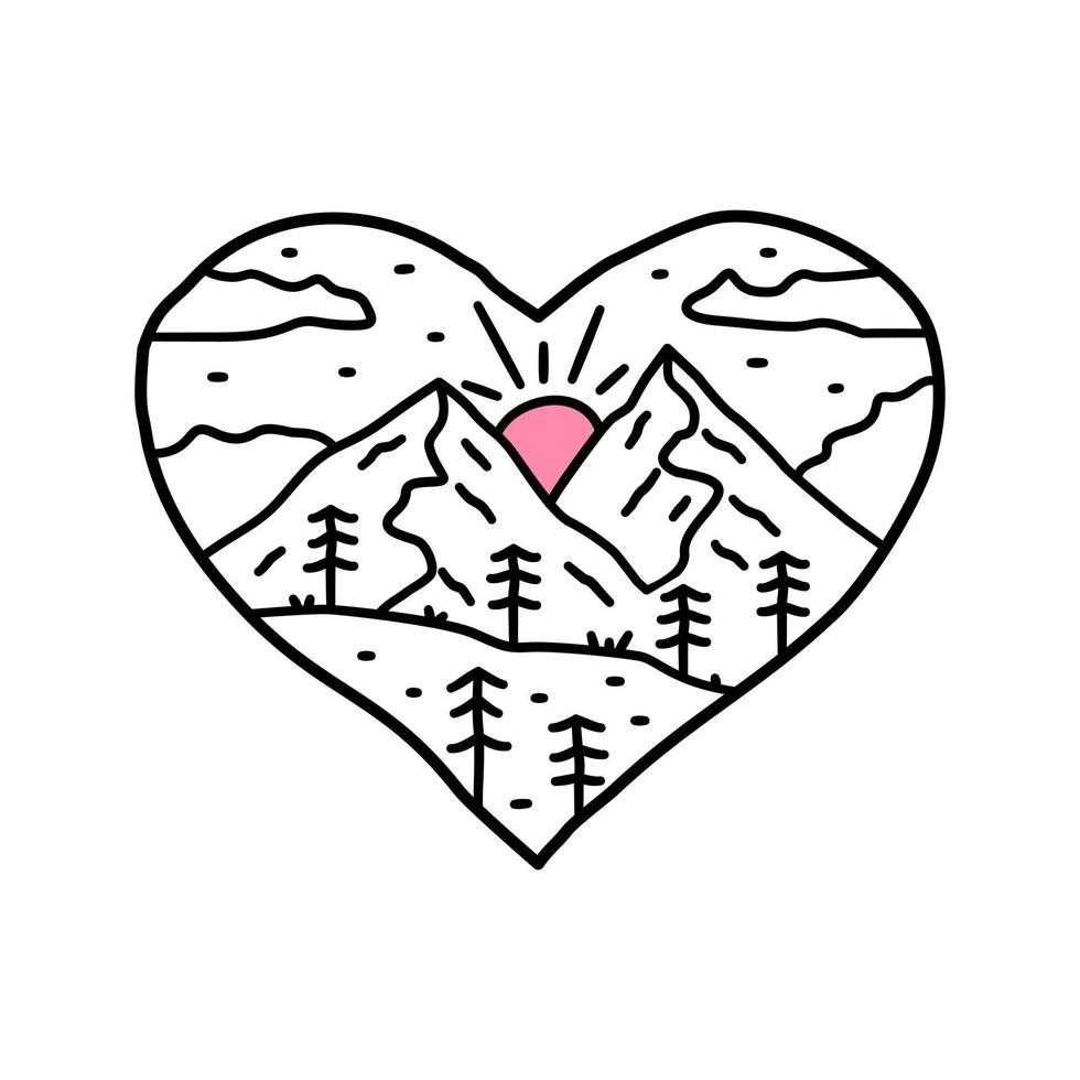 mono linje av natur berg och flod i kärlek form. design för t-shirt, märke, klistermärke etc vektor