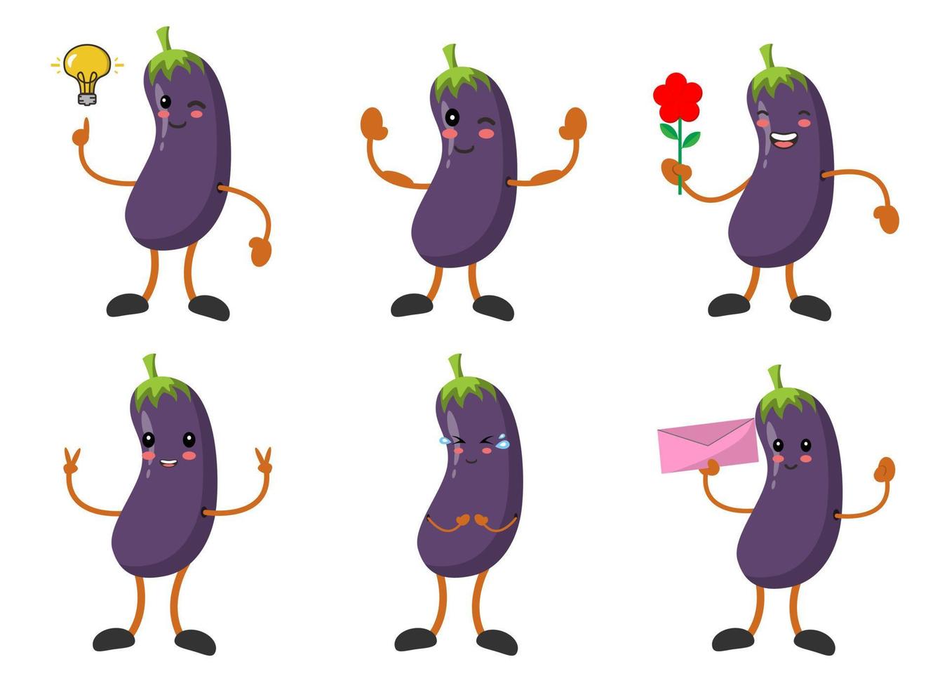 ställa in tecknad aubergine med olika känslor poserar vektor