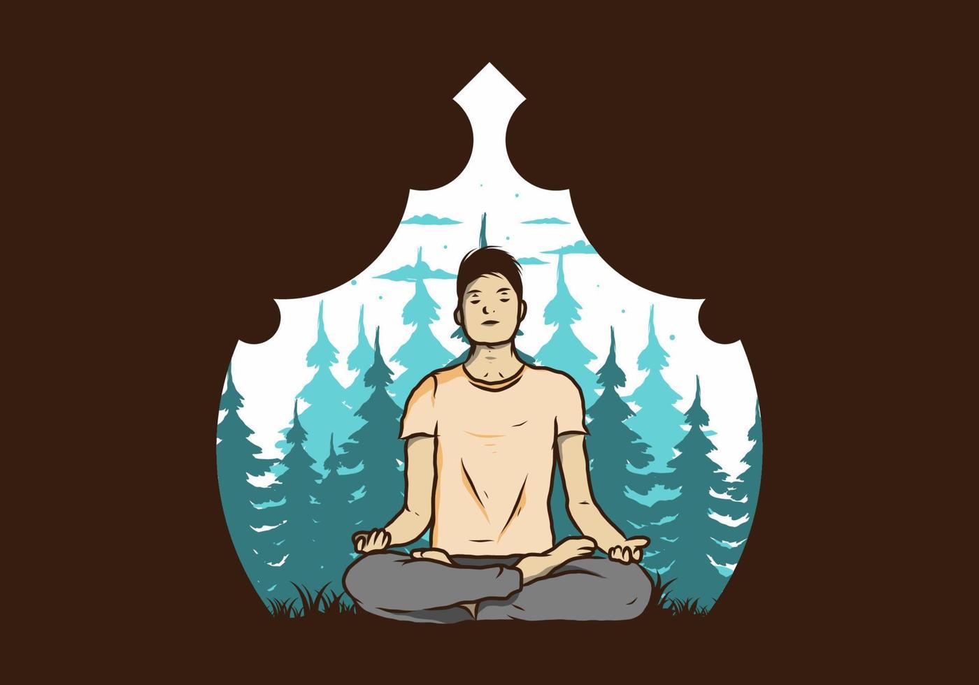 Illustration eines Menschen, der Yoga macht und im Freien in einem Wald in der Natur zwischen Pinien meditiert vektor