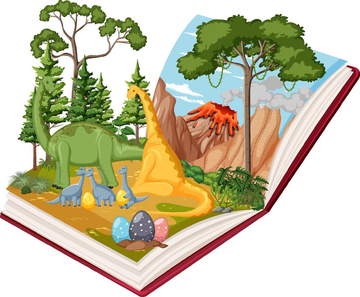 öppnad bok med olika dinosaurier i skogen vektor