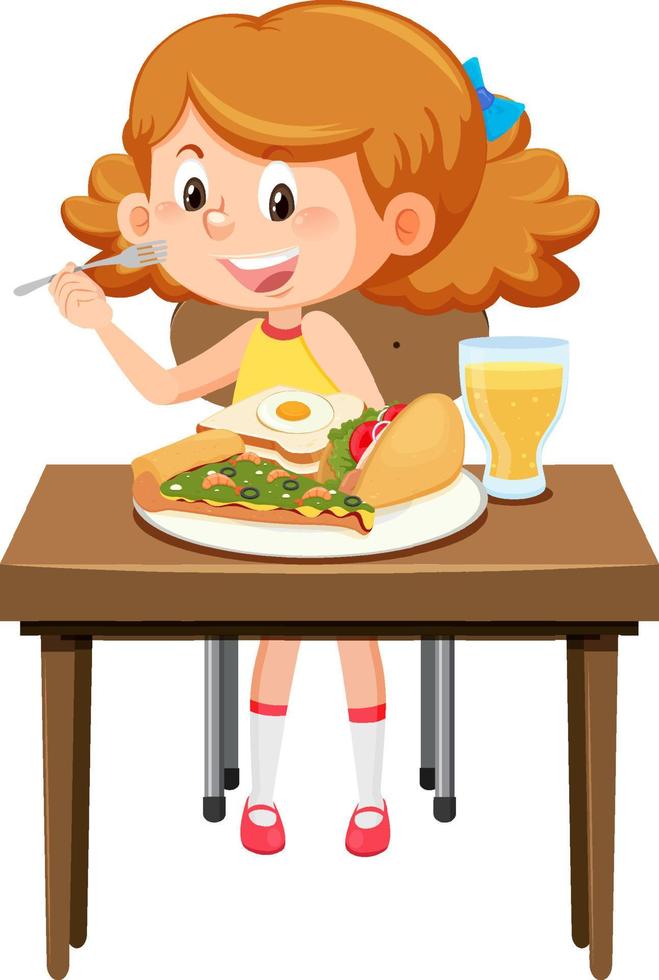 glad tjej tycker om att äta mat på bordet vektor