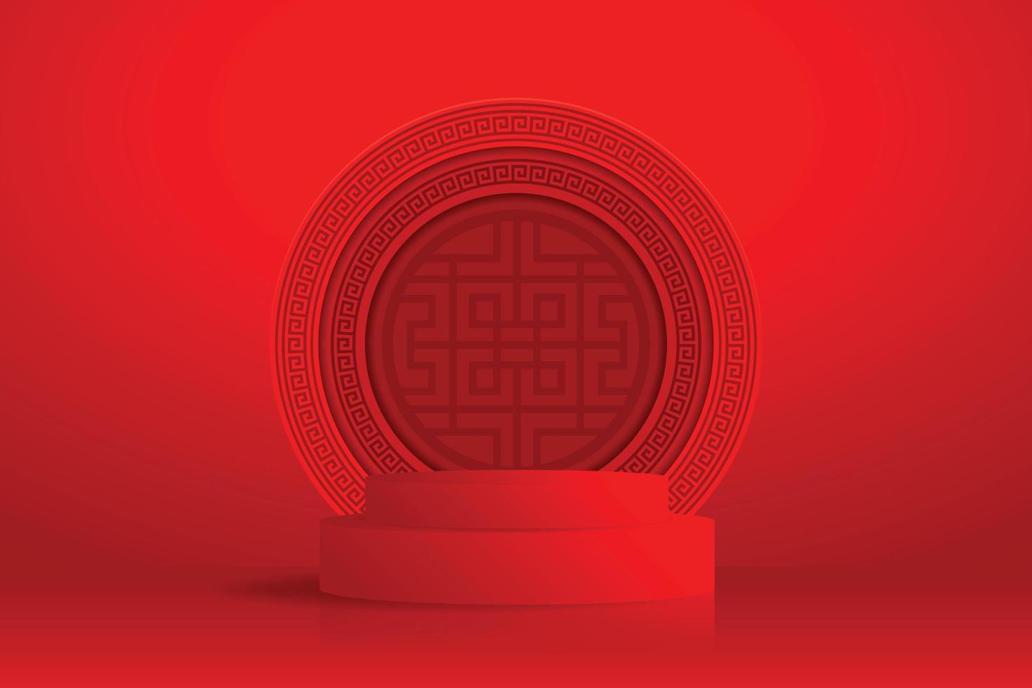 3d podium runde bühne im chinesischen stil, für das chinesische neujahr mit rotem papierschnitt kunst und handwerk auf farbigem hintergrund mit asiatischen elementen, illustrator vektor