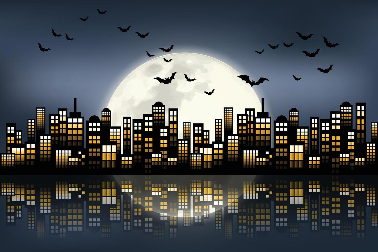 Cartoon-Stil Nachtstadt Skyline Hintergrund Schwarm von Fledermäusen, die in der Nacht des Vollmonds über den Himmel fliegen. vektor