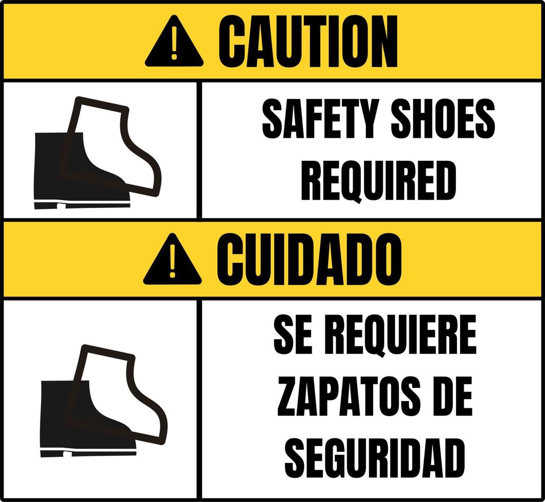osha säkerhetsskylt varning skyddsskor krävs på tvåspråkig spanska cuidado se require zapatos de seguridad. skyddsskor, skyddsstövel. vektor