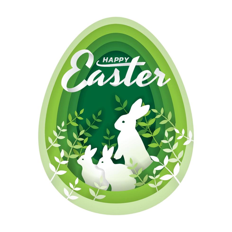 papperskonst och digital hantverksstil av kaniner i buskarna som finns inuti den gröna äggformen, glad påskdagkoncept vektor