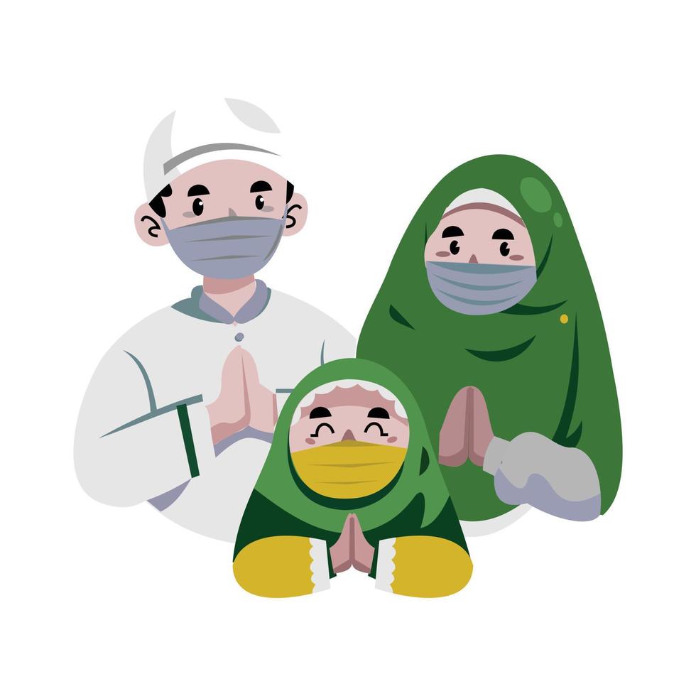 glad muslimsk familj tecknad film. söta muslimska familjekaraktärer. används för att hälsa muslimska högtider eller som en symbol för religiösa högtider. redigerbar vektor i eps10-format