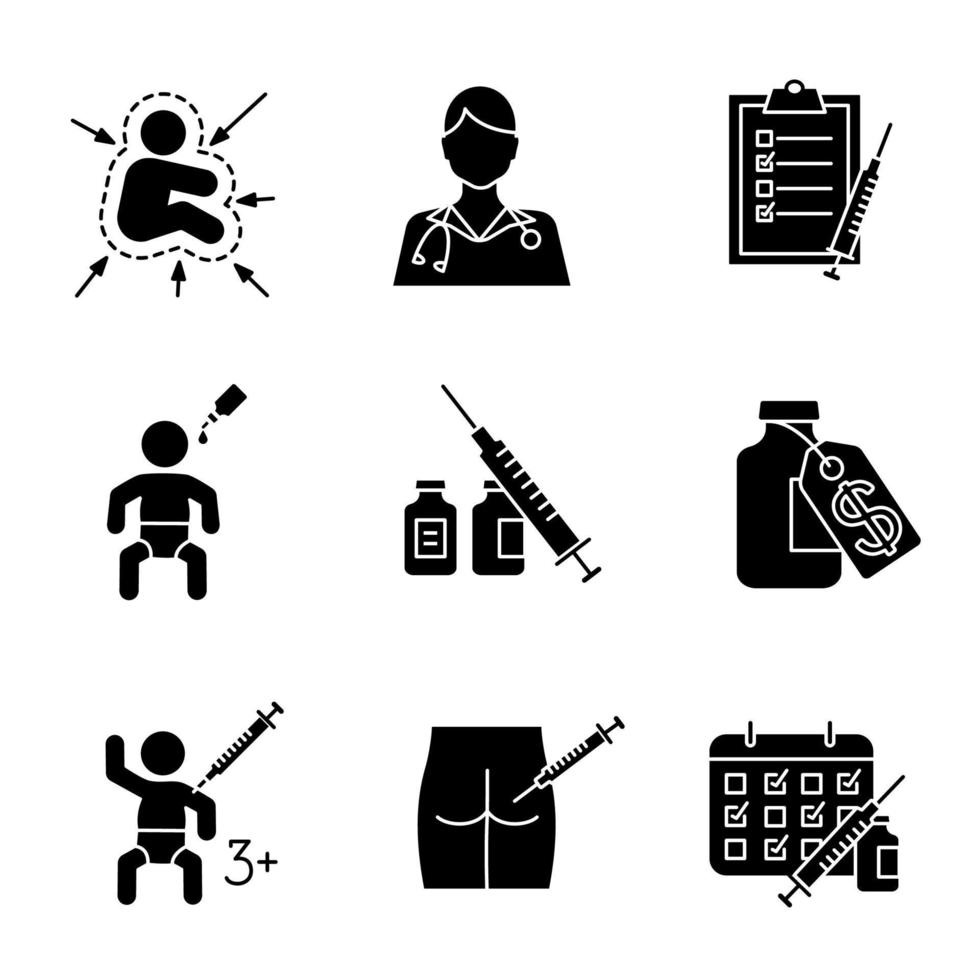 Glyphensymbole für Impfung und Immunisierung gesetzt. Silhouettensymbole. Immunsystem des Kindes, Krankenschwester, Impfliste und -kalender, Impfstoffpreis, intramuskuläre Injektion. vektor isolierte illustration