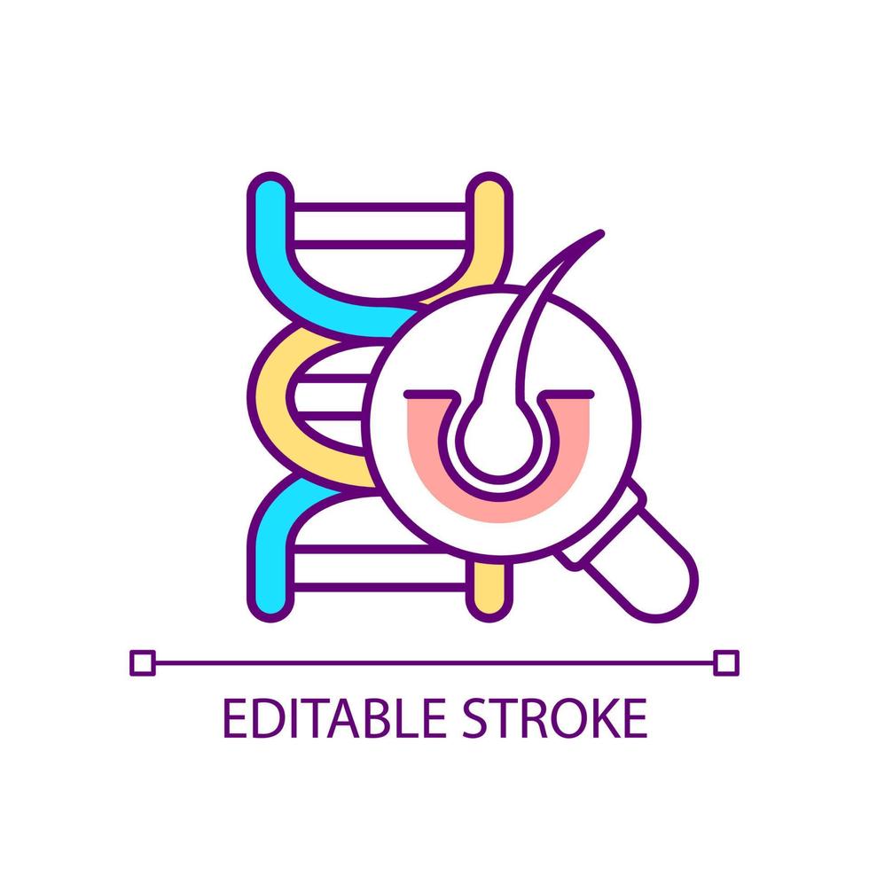 DNA-testning rgb färgikon. bedömning av hårstruktur. kriminalteknik. mikroskopisk analys. isolerade vektor illustration. enkel fylld linjeritning. redigerbar linje.