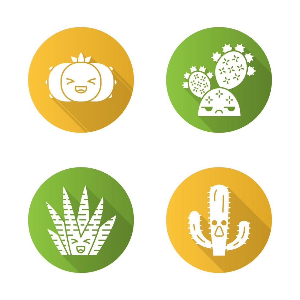 kaktusar platt design lång skugga glyf ikoner set. växter med leende ansikten. skrattande peyote och zebrakaktusar. omöjda vilda kaktusar. suckulenta växter. vektor siluett illustration