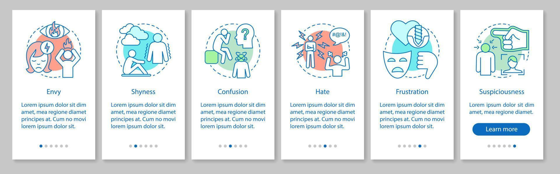 negativa känslor onboarding mobil app sidskärm vektor mall. aggressionskänsla. dåligt självförtroende. genomgång av webbplatssteg med linjära illustrationer. ux, ui, gui smartphone-gränssnitt