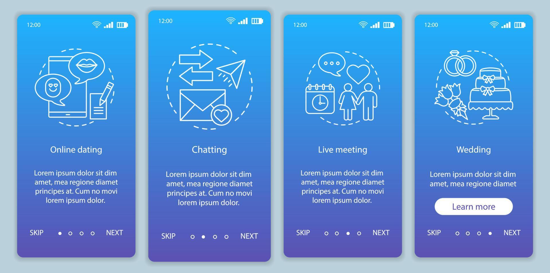 online dating onboarding mobil app sida skärm vektor mall. chatt, livemöte, instruktioner för bröllopswebbplats med linjära illustrationer. matchning. ux, ui, gui smartphone gränssnitt koncept