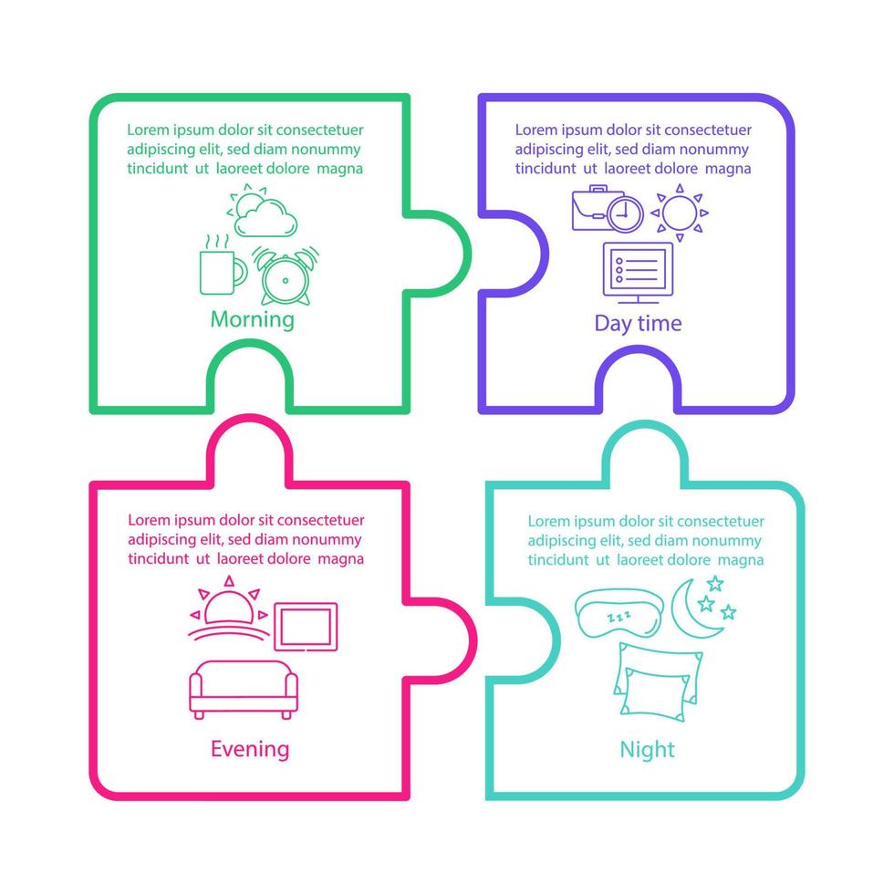 tidsperiod vektor infographic mall. morgon, dag, kväll, natt. affärspresentation pussel design. sova, jobba, vila. datavisualiseringssteg, tillval. process tidslinjediagram. arbetsflödeslayout