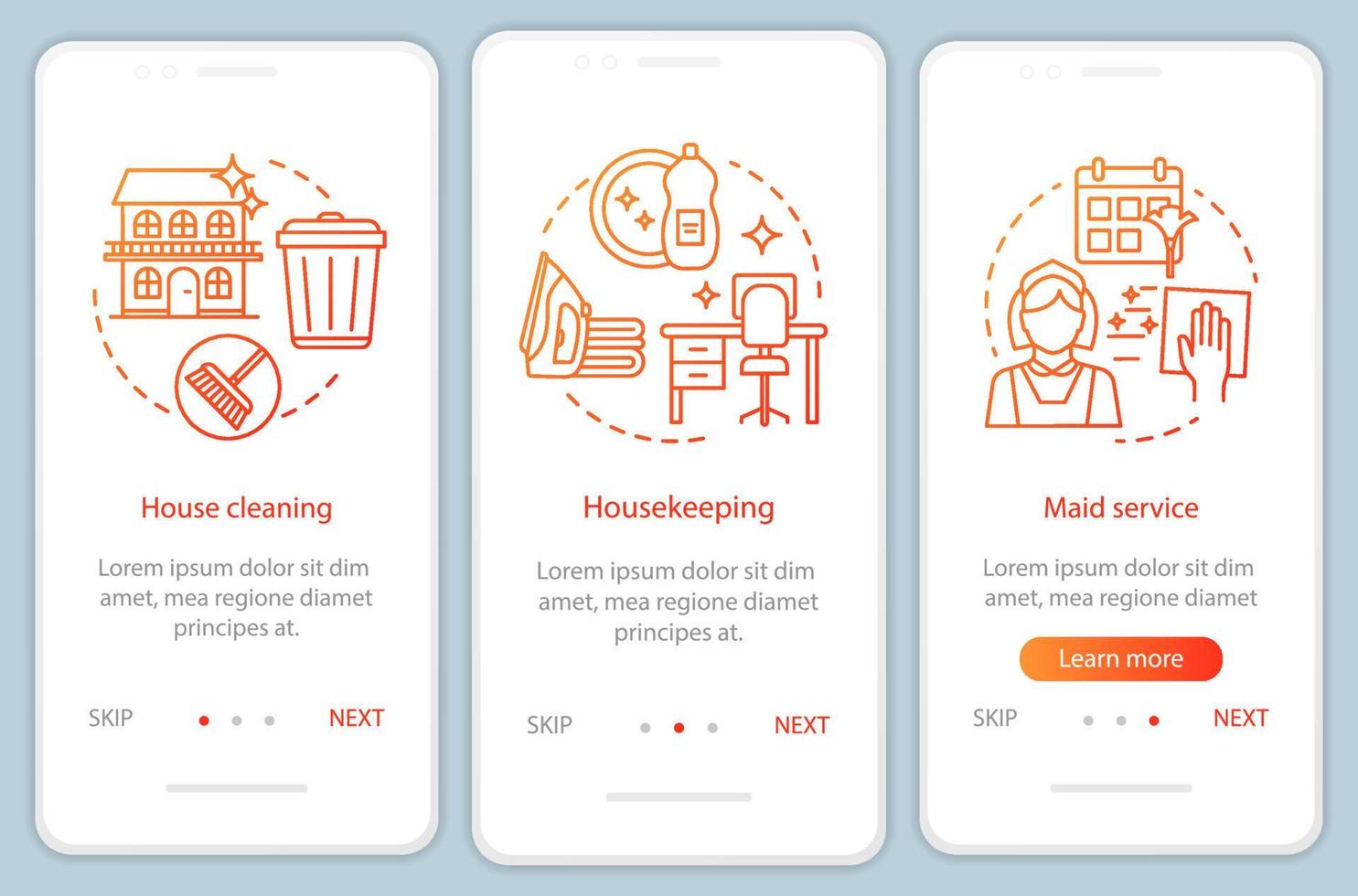 hustjänst onboarding mobil app sidskärm, linjära koncept. städservice. tre genomgångssteg grafiska instruktioner. planering av husstädning. ux, ui, gui vektormall med illustrationer vektor